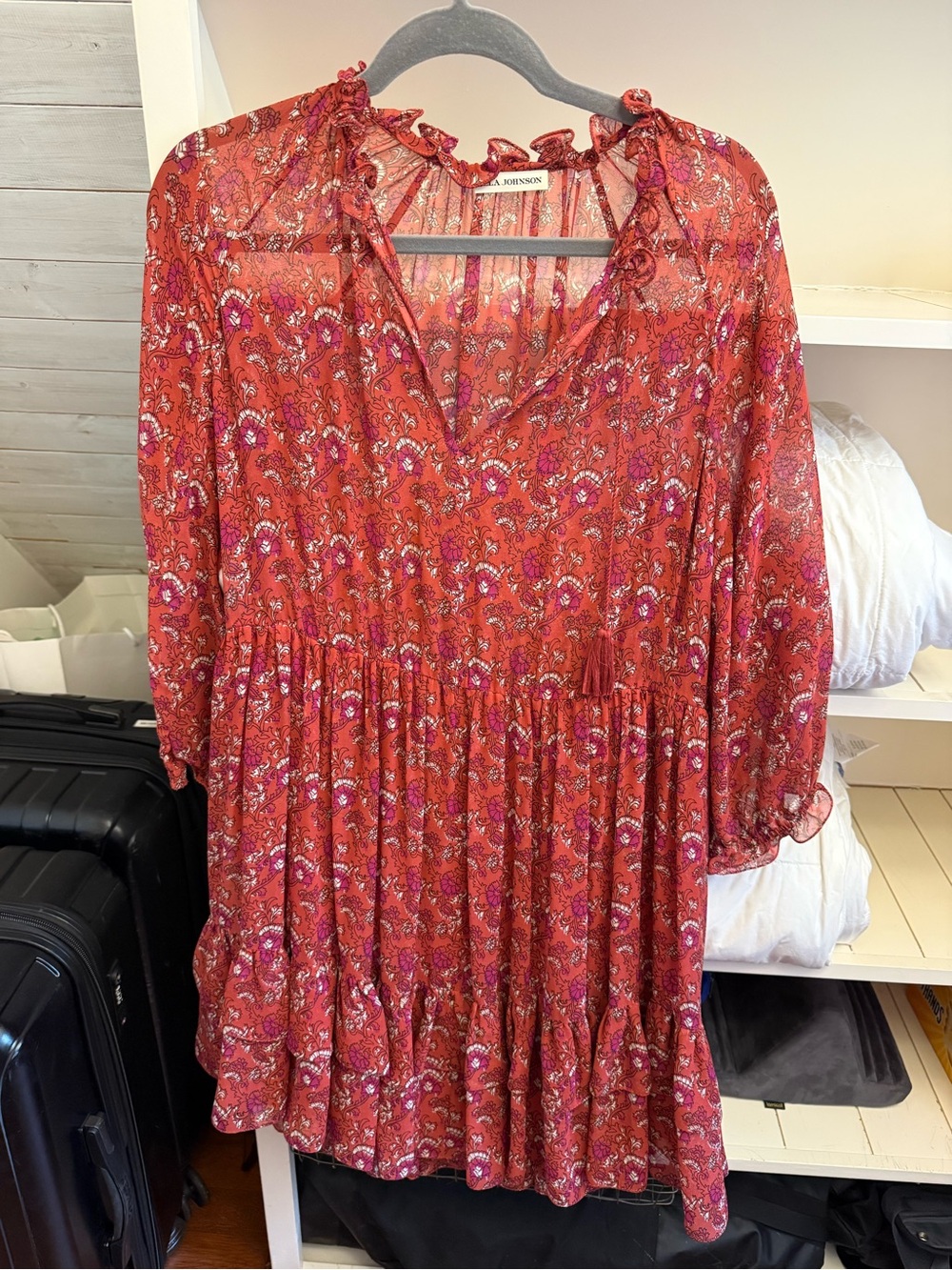 Ulla Johnson Red Paisley Ruffle-Neck Women's Dress